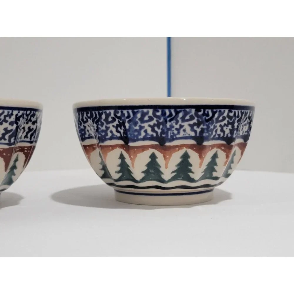 2x Boleslawiec Polish Pottery Ramekin Bowl Christmas Tree‎ Stars Pine Boughs
